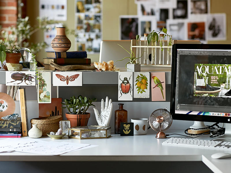a desk with a computer and a plant on it